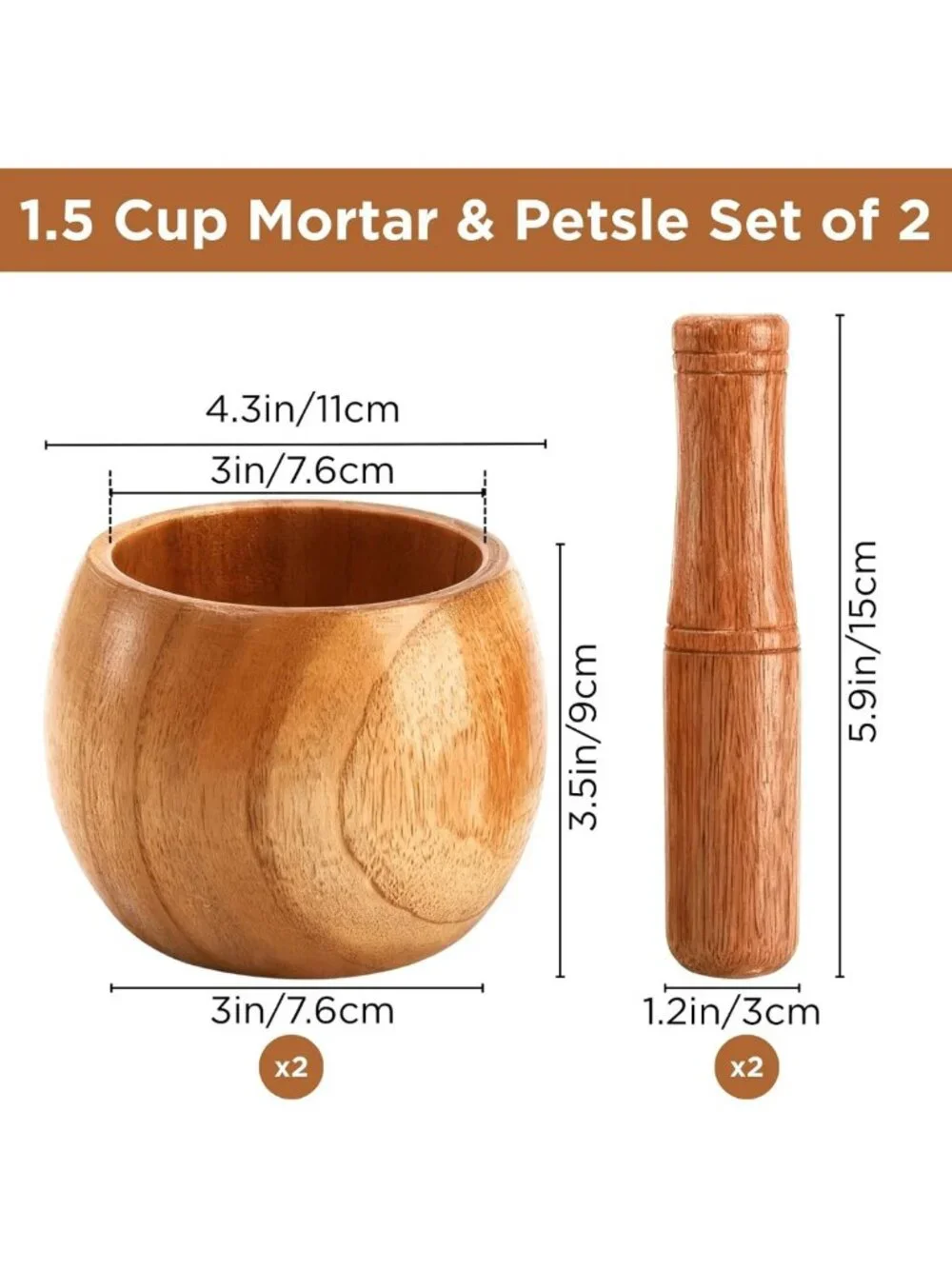 2 Pack Wooden Mortar & Pestle Set - Jujube Wood Herb & Spice Grinder for Kitchen
